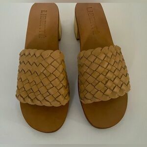 6M Liberte’ Santorini Genuine Leather Block Heel Nude Tan Slip on Slides Sandals